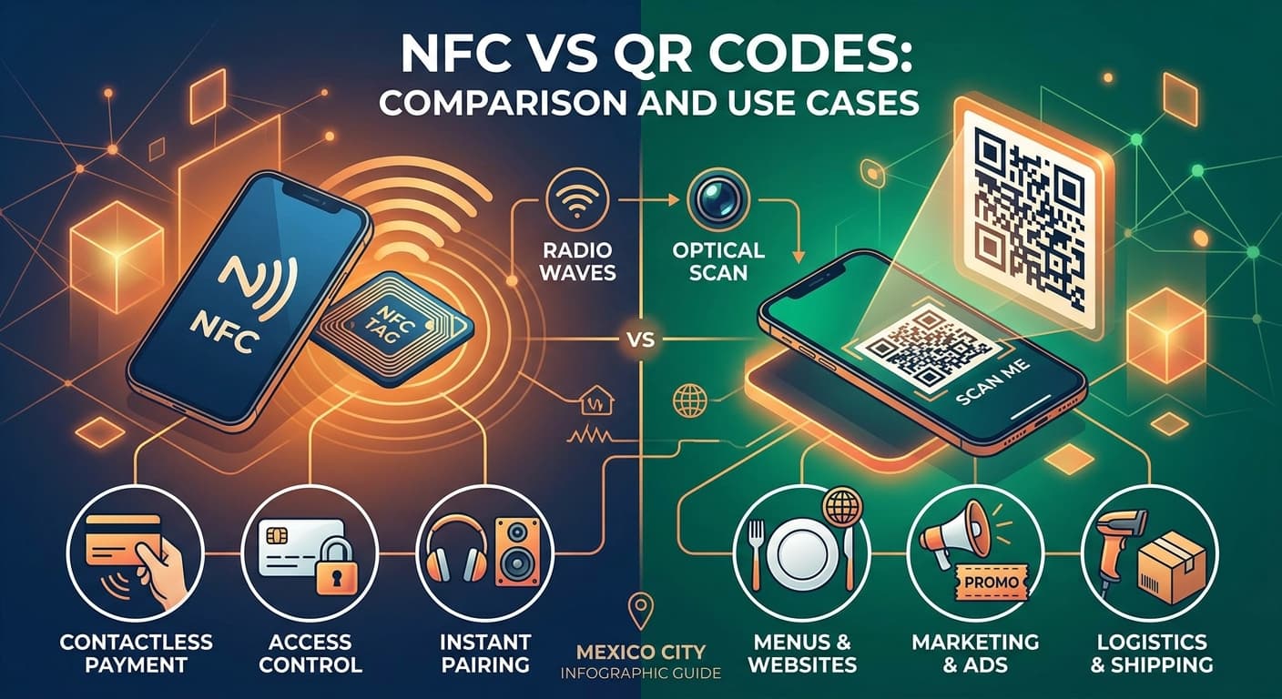 Teléfono acercándose a una placa con NFC y código QR