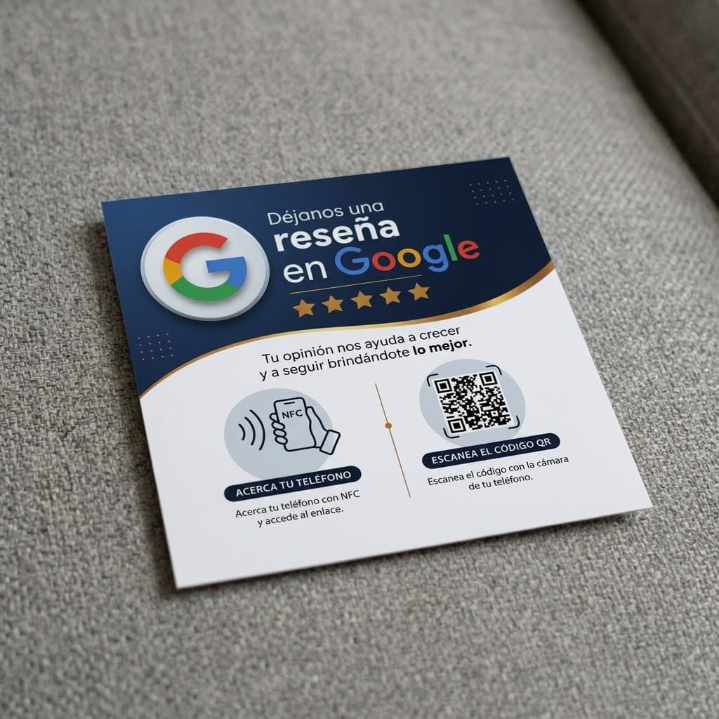 Placa de reseñas NFC y QR de Tensorlux vista de frente